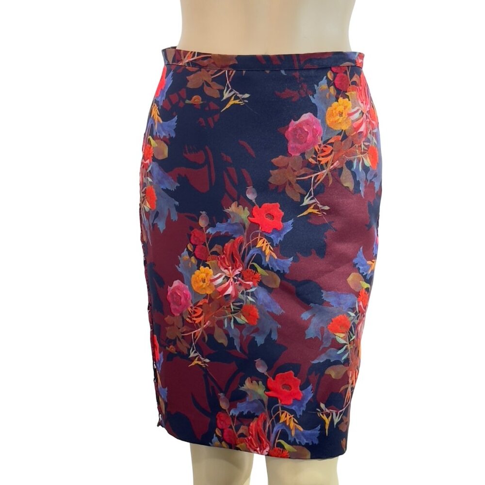 leifsdottir Navy and Burgundy Floral Pencil Skirt